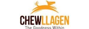 Chewllagen logo. The word "CHEWLLAGEN", with an orange cartoon dog looking like it is leaping over the word, and the text "The Goodness Within" underneath.