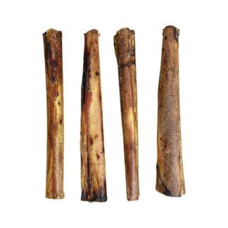 Paddock Farm Ostrich Marrow Bones. Showing four bones of slightly varying shapes.